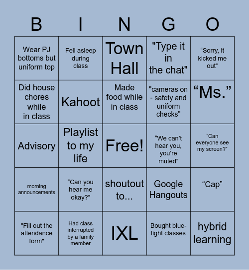 Distance Learning Bingo Card