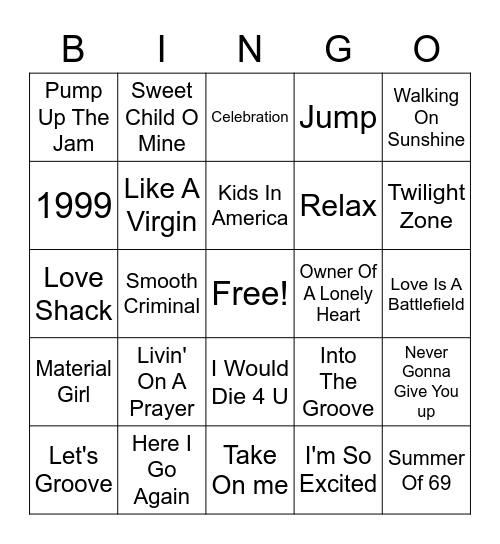 Beef's 80s Bingo Card
