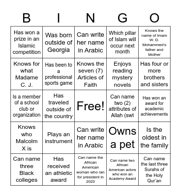 GETTING TO KNOW YOU Bingo Card