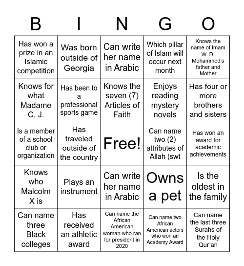 GETTING TO KNOW YOU Bingo Card