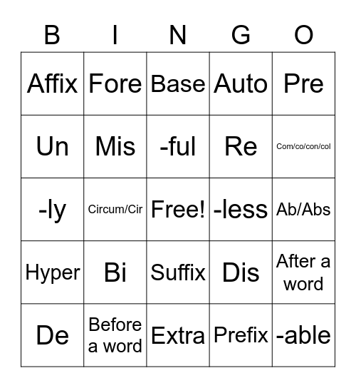 Affix Bingo Card