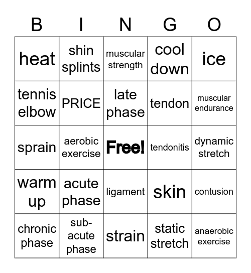 Sports Med Injury Prevention Bingo Card