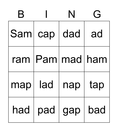 -ad Word Family Bingo Card