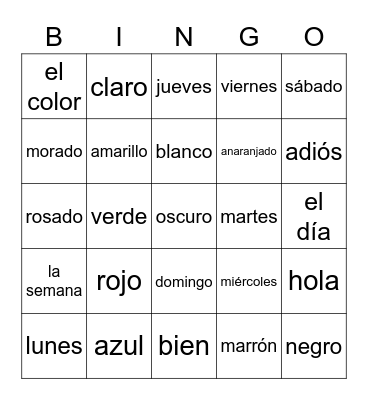 Spanish Days and Colors Bingo Card
