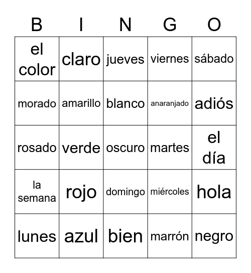 Spanish Days and Colors Bingo Card
