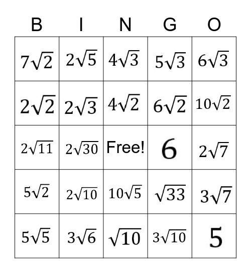 Re-Expressing Square Roots Bingo Card