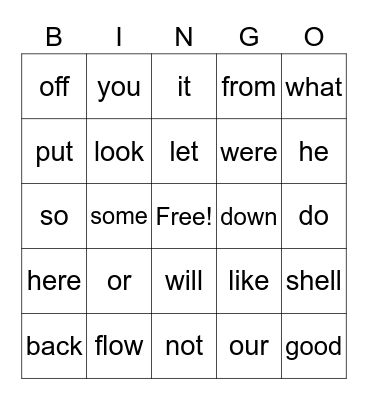 Sight Words Bingo Card