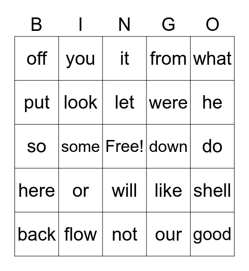 Sight Words Bingo Card