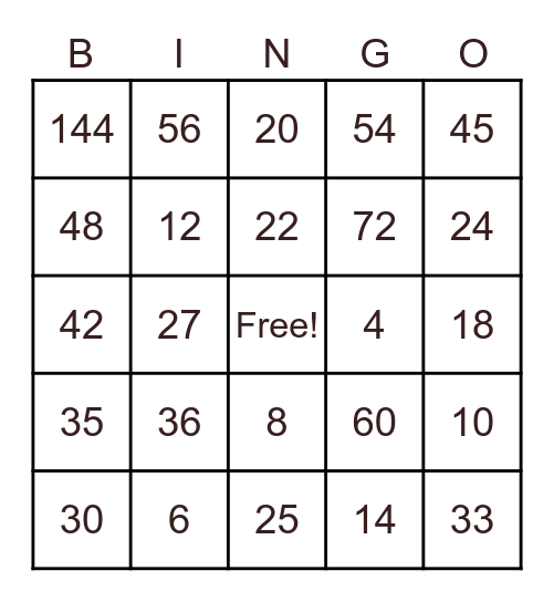 Math Bingo Card