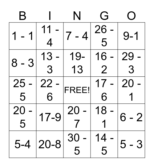 Subtraction  Bingo Card