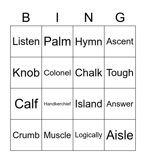 Silent Letters Bingo Card