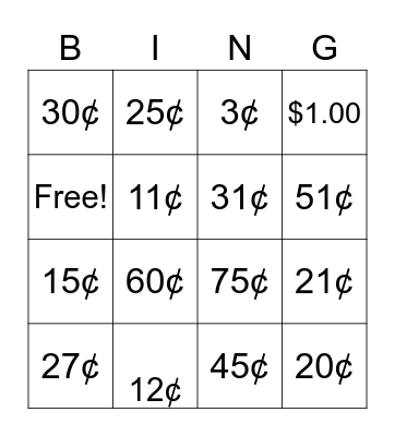 Counting Coins Bingo Card