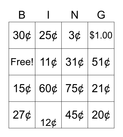 Counting Coins Bingo Card