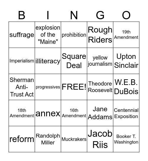 Progressives and Spanish American War Bingo Card