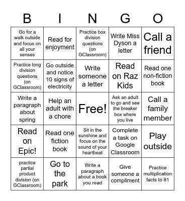 Miss Dyson's Spring Break Bingo Card Bingo Card