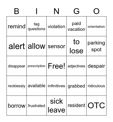 Unit 4 Vocabulary Words Bingo Card