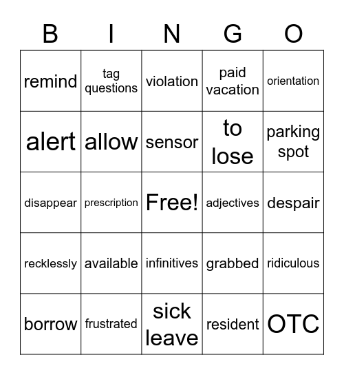 Unit 4 Vocabulary Words Bingo Card