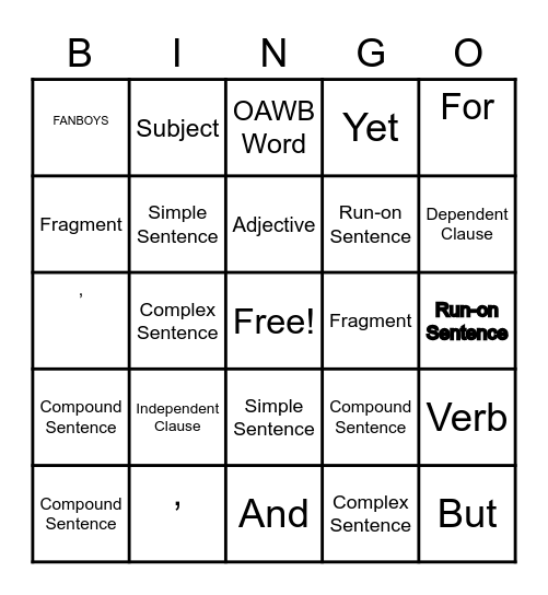 Sentences Bingo Card