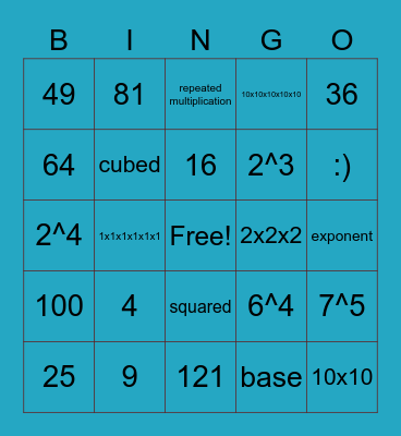 Exponents Bingo Card