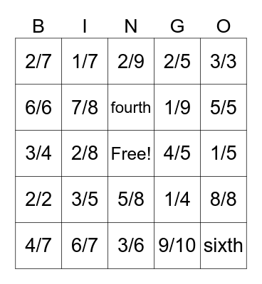 Fraction Bingo Card