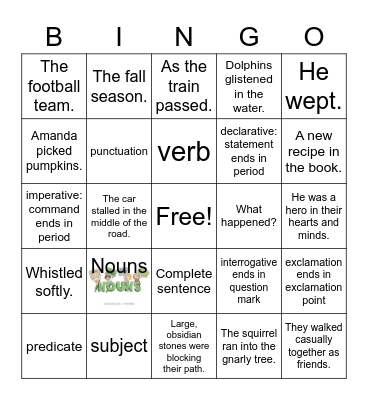 Complete, Incomplete, Types of Sentences Bingo Card