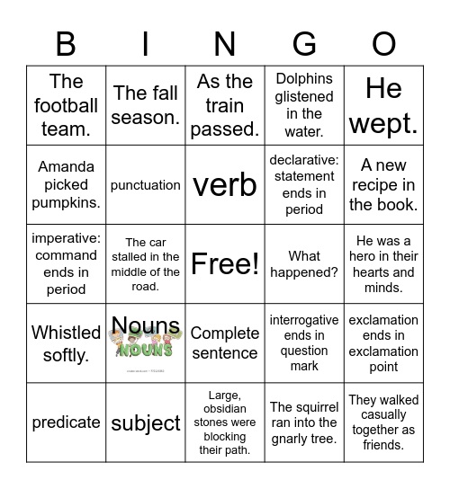 Complete, Incomplete, Types of Sentences Bingo Card