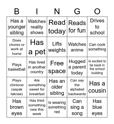 Get to know you bingo Card