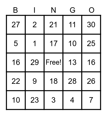 NUMBER Bingo Card