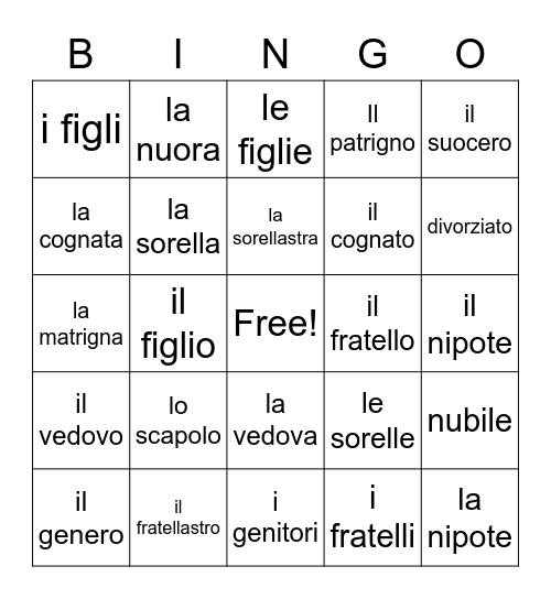 Le Famiglie Bingo Card