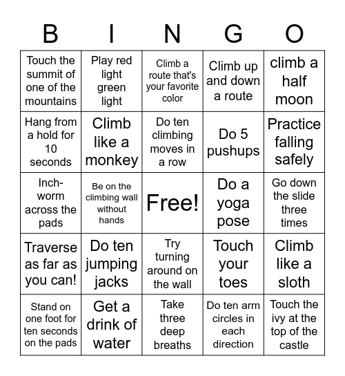 Climbing Bingo - 7 & under Bingo Card