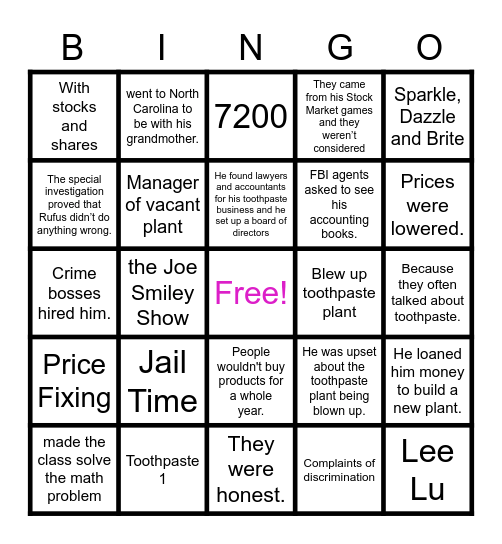 The Toothpaste Millionaire Bingo Card