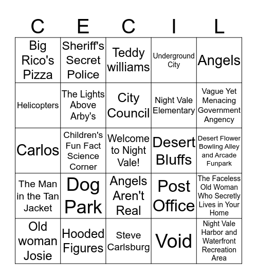 welcome to Night Vale Bingo Card