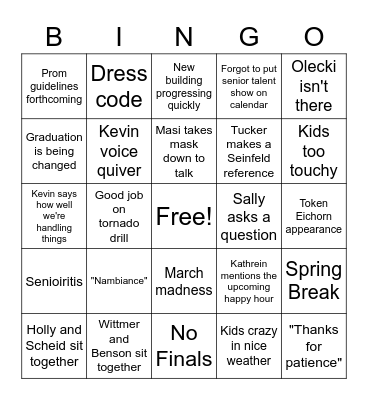 staff meeting Bingo Card