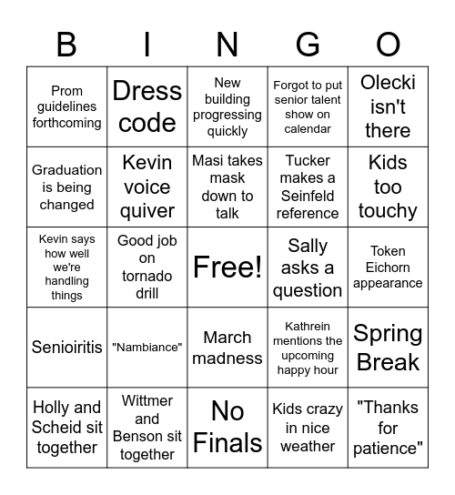 staff meeting Bingo Card