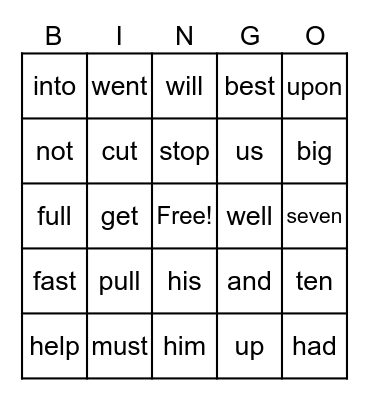 Sight Word Bingo Card