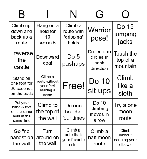 Climbing bingo - 8-10 year olds Bingo Card