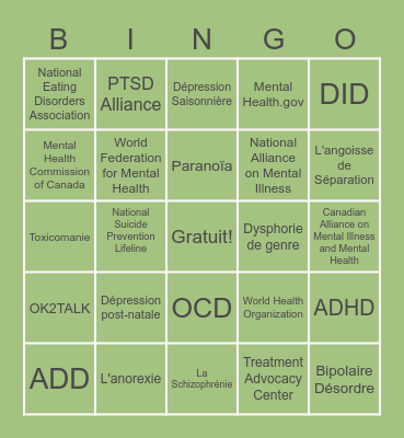 Bingo de Santé Mental Bingo Card