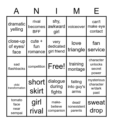 Anime Trope Bingo! Bingo Card