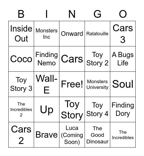 Pixar Movie Bingo Card