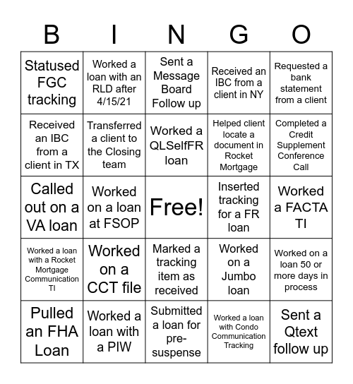 Virtual Loan Bingo Card