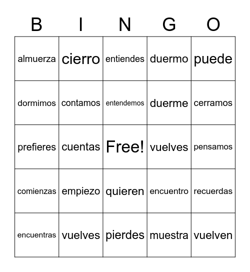 Stem-changing verbs Bingo Card