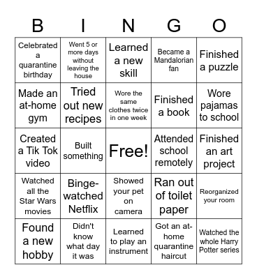 Quarantine Bingo Card