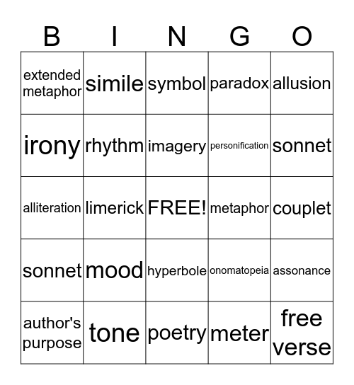 Poetry Devices Bingo Card