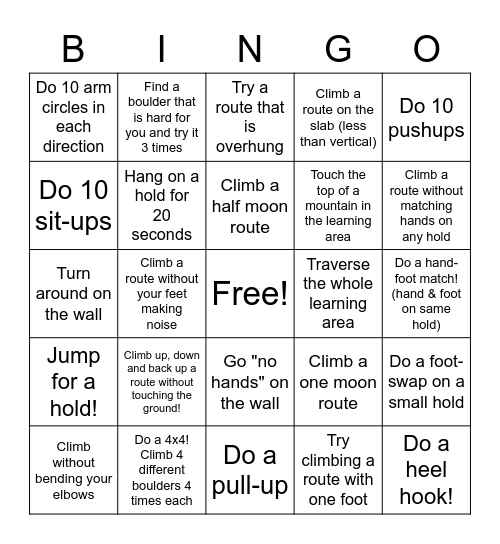 Climbing bingo - 11 & up Bingo Card
