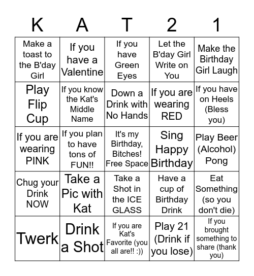Kat's 21st Birthday / Valentine's Day Party Bingo Card