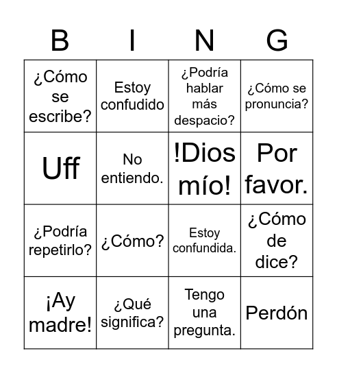 Frases útiles Bingo Card