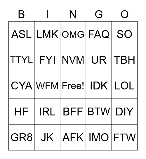 ASL Texting shorthand BINGO Card