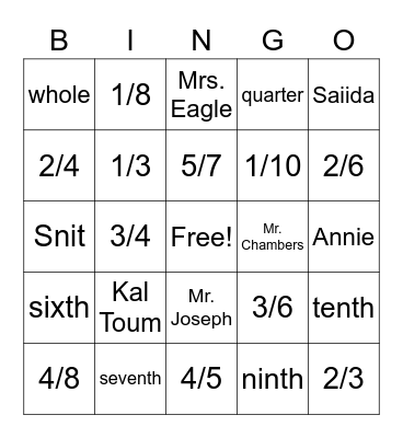 Bingo - Fraction Words Bingo Card