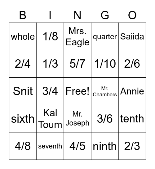 Bingo - Fraction Words Bingo Card