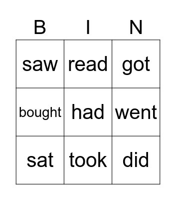 Irregular Past simple verbs Bingo Card